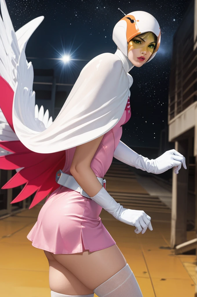 ((masterpiece)),((Highest quality)),((High resolution)),((Highly detailed CG Unity 8k wallpaper)), Outdoor, Day, Upper Body, View your viewers, alone, Concentration, break, 
Year_Classic_Jun_Gatchaman_myself, Jun the swan, 
One girl, chest, lips, medium chest, large chest, Green Eyes, lipstick, compensate, eyelash, eye shadow,
visor, Helmet, Cape, Elbow hand pockets, Knee socks, belt, White gloves, zettai ryouiki, mask, skirt, White legwear, Superhero, leotard, Spacesuit, Pink Dress, white Cape,  pink leotard, pink skirt, Short dress, from side,
