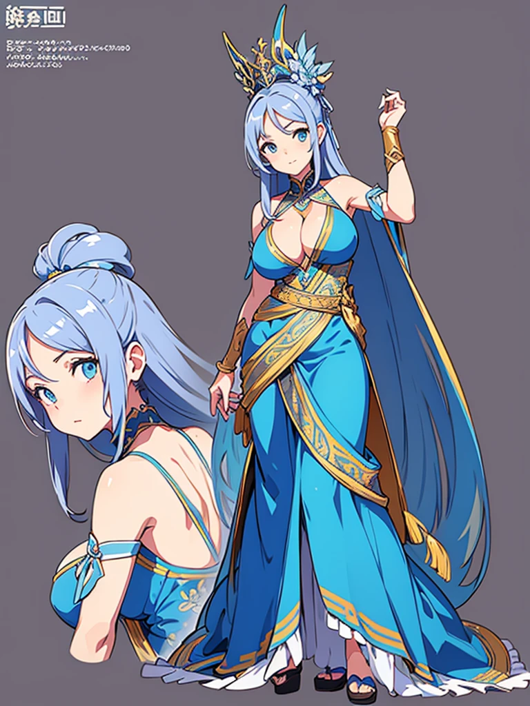 cute, standing lady, three view drawing, front and back and side,full body,simple background,dancer,long hair,blue print,big tits