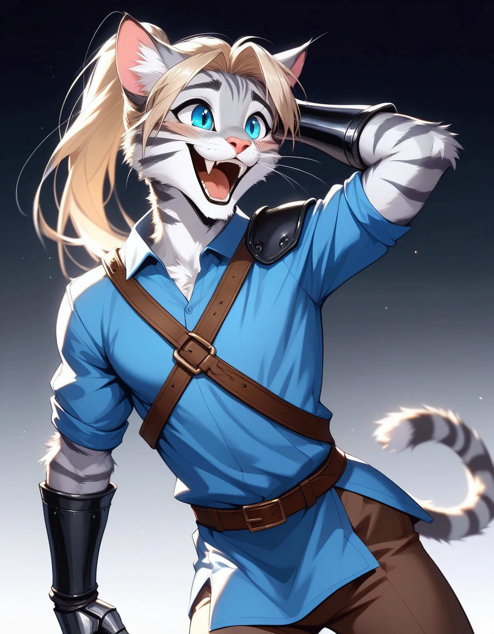 Solo, score_9,score_8_up,score_7_up, source_furry, (Kat, Anthro furry feline male, adult male, silver fur with grey stripes, athletic body, blue eyes, long blonde hair, hair in a ponytail:1.2, :3, pink nose, wearing blue tunic, brown belt, brown pants, adventuring gear, leather gauntlets, silver pauldrons on shoulders, standing, laughing, mouth open, feline teeth, blushing, one hand behind head,