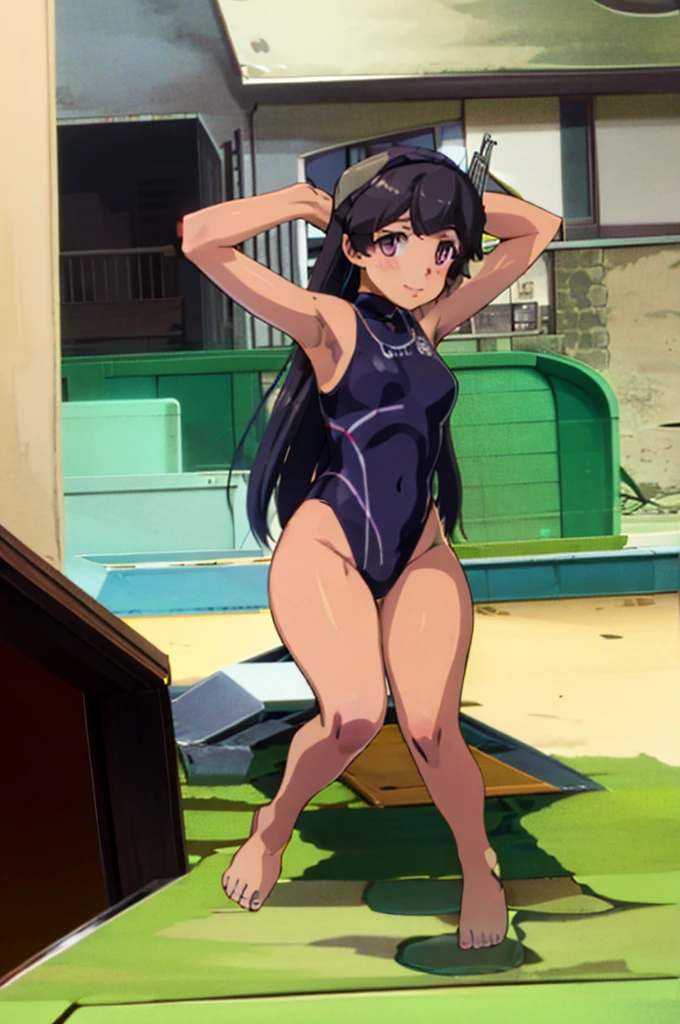 anime style,1girl, solo, high quality, anime screencap, art style, i-400 (kancolle), black hair, long hair down, purple eyes, hairband horn, medium breasts, one-piece swimsuit, competition swimsuit, hydrasuit, highneck swimsuit, highleg swimsuit full body looking at viewer, smile, bare legs, barefoot, pool, poolside, arms at side, indoors,