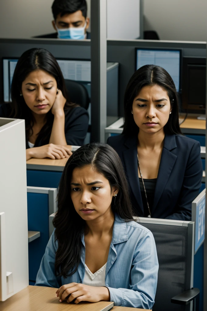 A group of people sitting in cubicles, working in silence and with apathetic expressions.