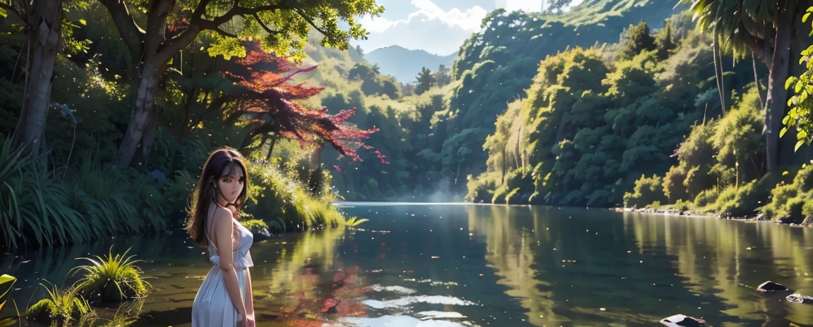 (masterpiece), (realistically), (Best quality), young beautiful girl adventurer，face to screen, minimum clothing, mystical forest, girl in the clearing, clearing in the sun, lagoon, dreamy scene, National Geographic, in a serene landscape, Mystical scene, Mysterious lake, Beautiful jungle, mystical setting, Beautiful setting, Tranquil environment, early morning light, Awesome atmosphere, Morning River, enchanting and otherworldly, lost in a dreamy fairytale landscape, many colors, colorful birds, jaguar next to a girl