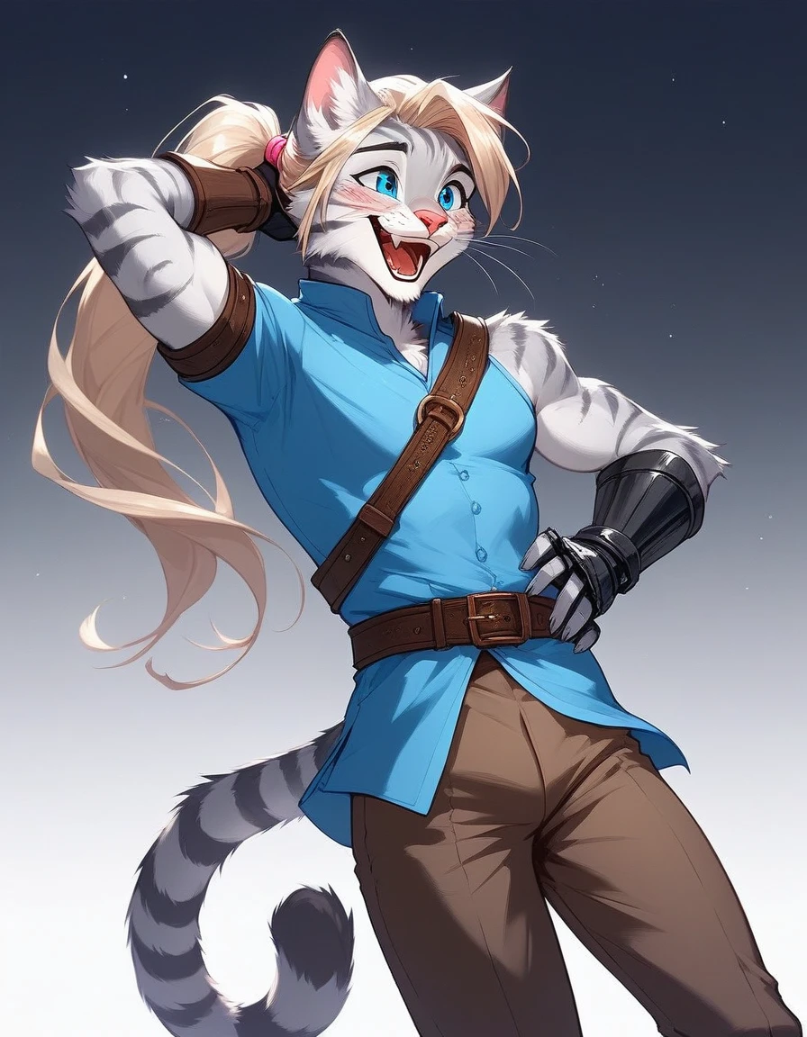 Solo, score_9,score_8_up,score_7_up, source_furry, (Kat, Anthro furry feline male, adult male, silver fur with grey stripes, athletic body, blue eyes, long blonde hair, hair in a ponytail:1.2, :3, pink nose, wearing blue tunic, brown belt, brown pants, adventuring gear, leather gauntlets, silver pauldrons on shoulders, standing, laughing, mouth open, feline teeth, blushing, one hand behind head, 