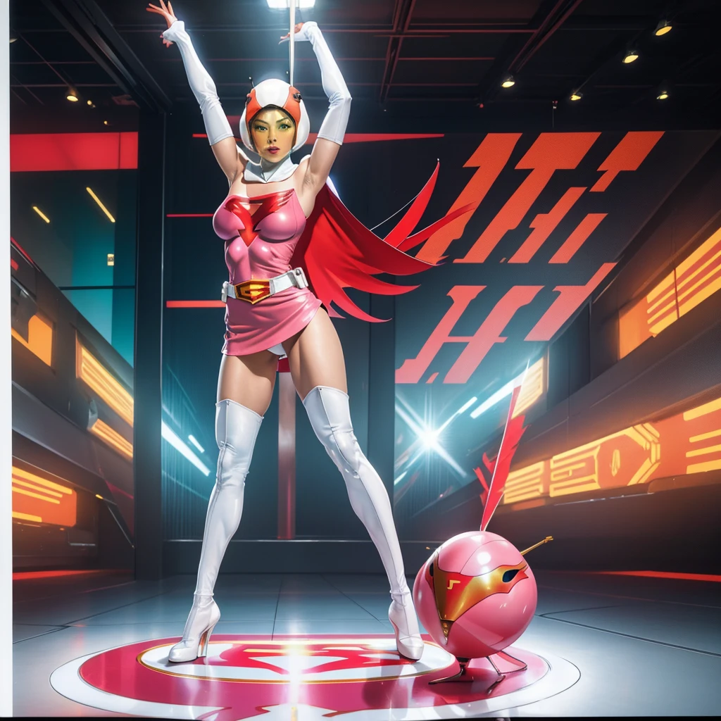 ANI_CLASSIC_jun_gatchaman_ownwaifu,1girl, 15 years old,good anatomy, masterpiece, best quality,realistic, hyperrealistic, 16k hdr,breasts,green eyes,lips,large breasts,lipstick,makeup,gloves,cape,helmet,belt,elbow gloves,white gloves,mask,ultra miniskirt,leotard,spacesuit,white tight overknee highheels boots,pink dress,superhero,bodysuit,cleavage,erected nipples,((standing pose,spread legs, arms up straight)),cameltoe