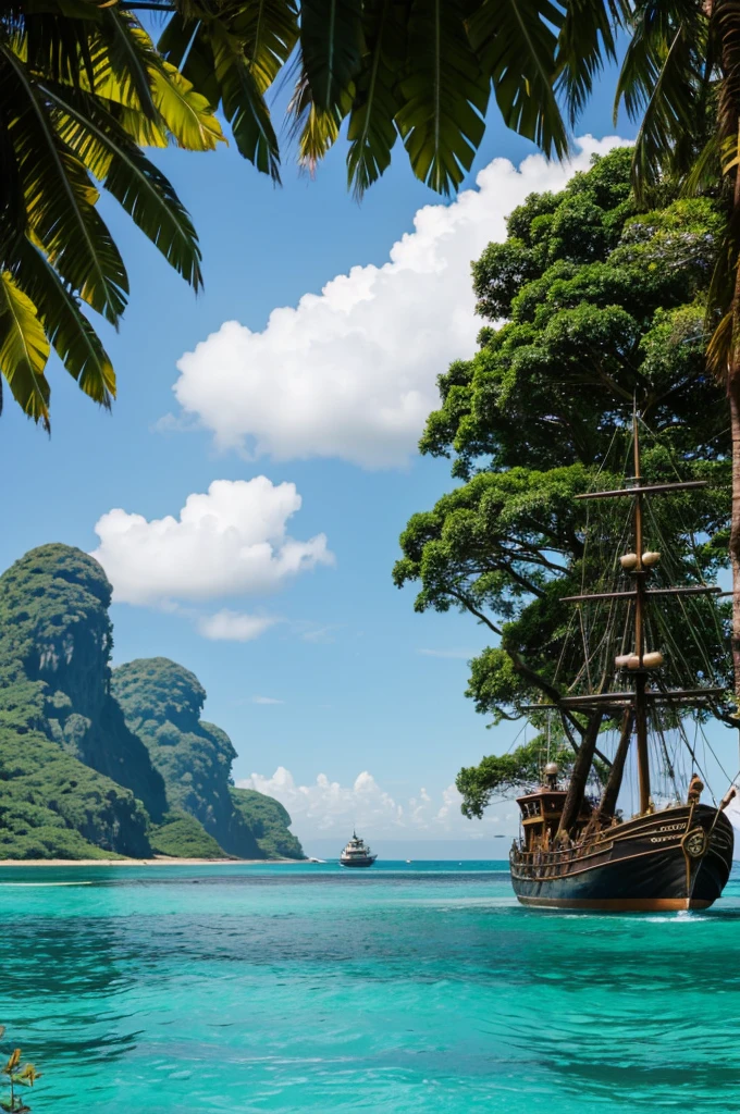 A pirate ship arriving at an island that has a jungle