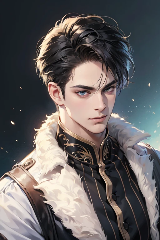 (best quality,4k,8k,highres,masterpiece:1.2),ultra-detailed,(realistic,photorealistic,photo-realistic:1.37),30 year old man,3 day beard,handsome anime,portraits,strong,masculine,dark hair,sharp jawline,mesmerizing eyes,perfectly styled hair,cool anime outfit,confident expression,vibrant colors,dynamic lighting, CEO and expression smile in love.