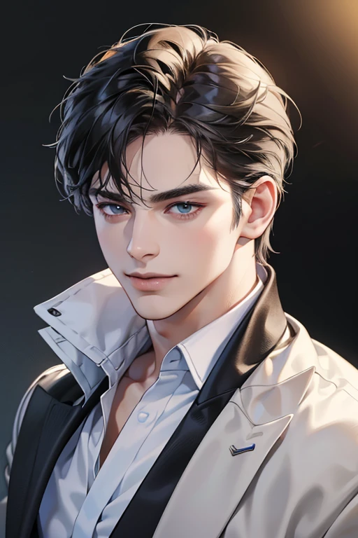 (best quality,4k,8k,highres,masterpiece:1.2),ultra-detailed,(realistic,photorealistic,photo-realistic:1.37),30 year old man,3 day beard,handsome anime,portraits,strong,masculine,dark hair,sharp jawline,mesmerizing eyes,perfectly styled hair,cool anime outfit,confident expression,vibrant colors,dynamic lighting, CEO and expression smile in love.