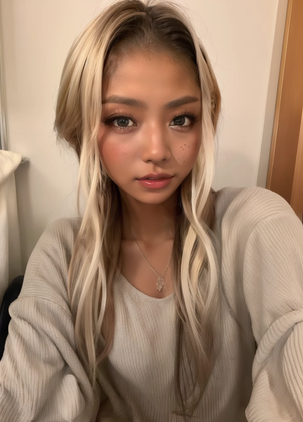 masterpiece,Highest quality,taller than, Asian,(Brown people),Dark Skin,Blonde,One girl,hang on