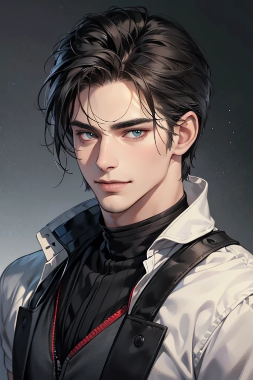 (best quality,4k,8k,highres,masterpiece:1.2),ultra-detailed,(realistic,photorealistic,photo-realistic:1.37),30 year old man,3 day beard,handsome anime,portraits,strong,masculine,dark hair,sharp jawline,mesmerizing eyes,perfectly styled hair,cool anime outfit,confident expression,vibrant colors,dynamic lighting, CEO and expression smile in love.
