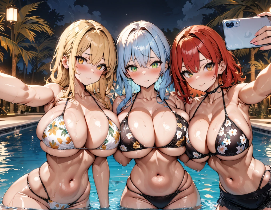 (masterpiece), (highest quality), (illustration), (super detailed), (high resolution), absurdity, 3girls,toragao,blush,[[patterned string bikini,floral swimsuit,highcut bikini]],blonde hair,red hair,light blue hair,long hair,short hair,green eyes,orange eyes,brown eyes,night,luxury pool,looking at viewer,bimbo,cowboy shot,taking a selfie,water,wet