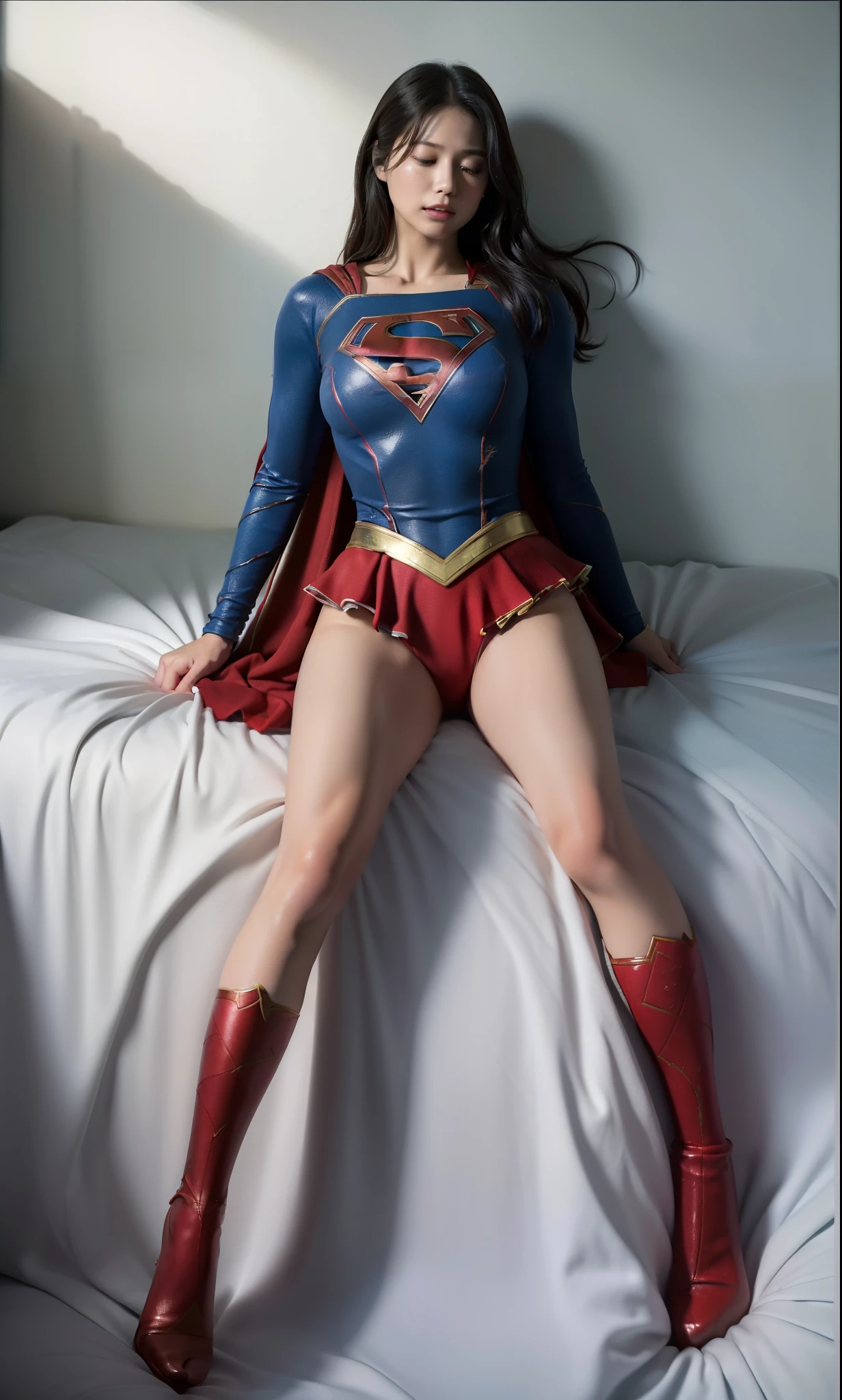 (((Highest quality、8K、masterpiece:1.3))、Supergirl、胸にSupergirlのロゴ、Eyes closed、Head facing down、hang down your neck、Sharp focus:1.2、Beautiful woman with perfect figure:1.4、Slim Abs:1.2、((Layered Cut、Huge boobs:1.2))、Wet body:1.5、非常に詳細な顔と肌の質感Supergirl、Bloodstained、Clothes are shredded、Torn、Highest quality, Familiar, High resolution), 1 Girl, Supergirl、Super Heroine、Bishoujo Warrior、defeat、Lying down'return、fall、knock out、フィットしたSupergirlのコスチューム、Enlarge your breasts、Muscular、alone, From above,sleepy, sleepワイン, Doll joints、sleep、it hurts、it hurts look、syncope、cadaver、Beautiful crotch、High detail、8K