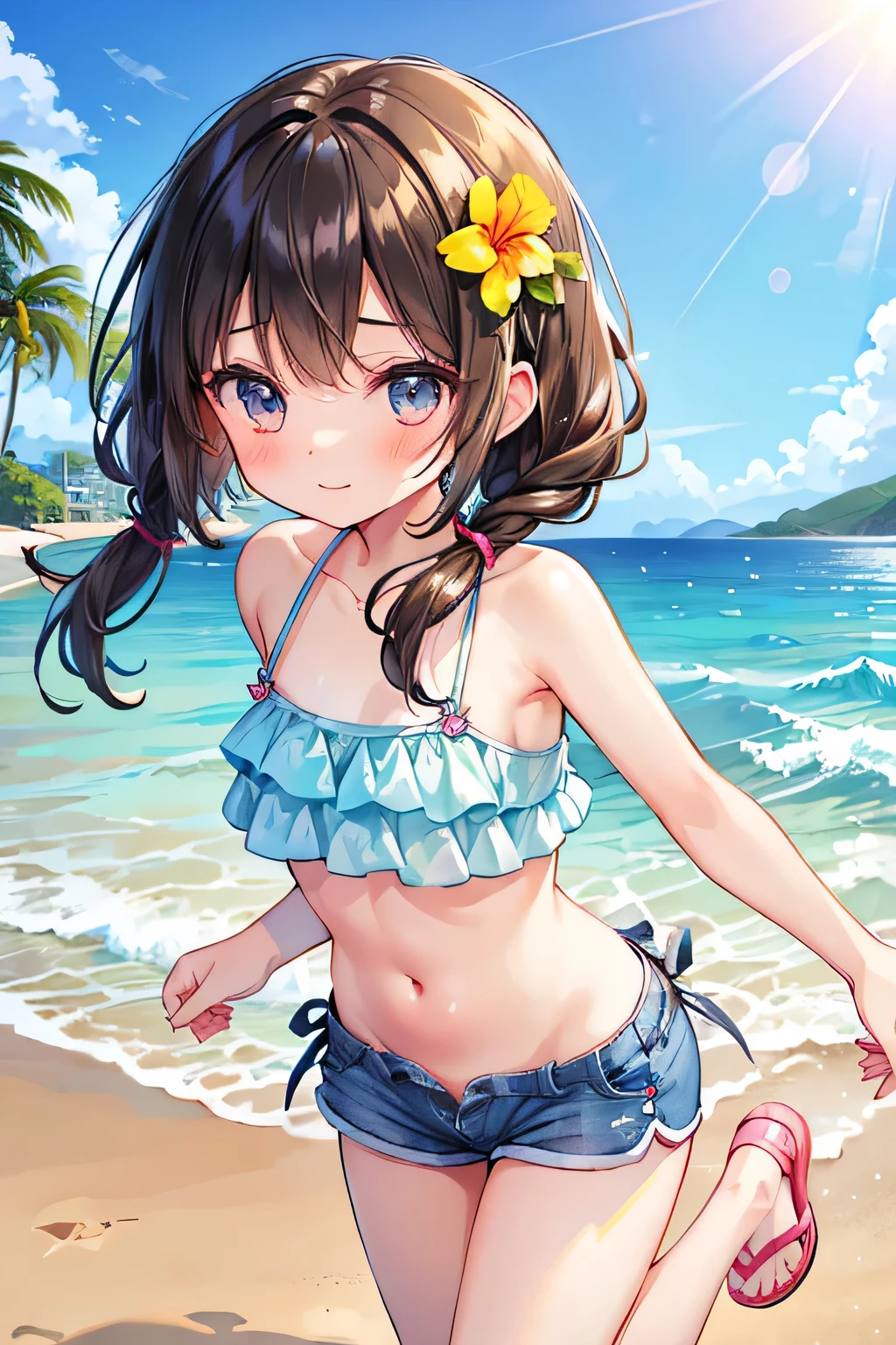 Highest quality、High resolution、Detailed Background、(Beautiful face in every detail:1.4)、Anatomically correct、Hide your fingers、(Detailed facial expressions)、Teenage beauty、(Highly detailed face:1.4)、cute hair color、Brown Hair、Black Hair、Braided bob cut、Braided Ponytail、Braided twin tails、well-groomed eyebrows、A big smile、Uplifting、Cute gestures、A fun atmosphere、
Summer sun、Shining Sea、Small footprint、Walking on the beach、
Enjoy splashing around on the shore、Take off your sandals and jump into the sea、Running around holding hands with friends、
The sea breeze makes my heart feel light、Smiling and innocent play、Endless blue sky and sea、Everlasting summer memories、
(Two girls playing innocently on the beach:1.5)、
Vivid color frill bikini、Cute frilled bikini、We recommend vivid colors such as bright pink and blue.、
Striped one-piece swimsuit、Sporty and casual atmosphere、Short length or A-line style、
Ribbon design tankini、Tankini with ribbon on the tank top、It is both cute and sporty.、Pair your bottoms with shorts、
Bikini with flower print、Floral and tropical bikinis、A glamorous and feminine impression、Even though the design is simple, the pattern creates a cute look.、cute