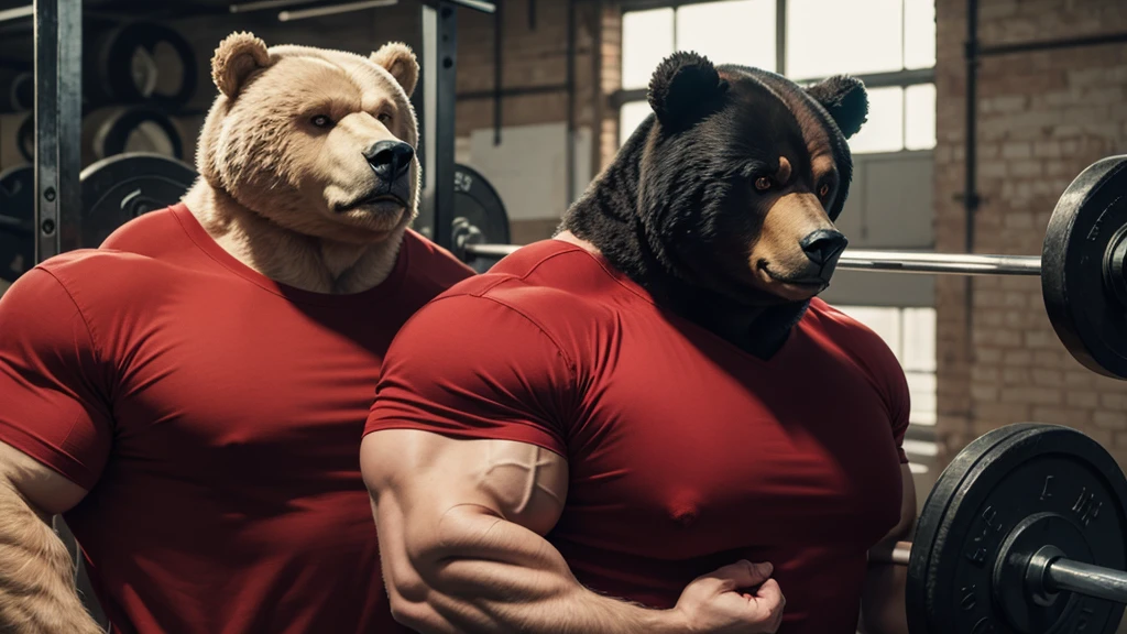 Monstrously massive musclegut anthro furry bear in a red shirt and a red shirt on is holding 1000-pound barbell with one hand, furry art