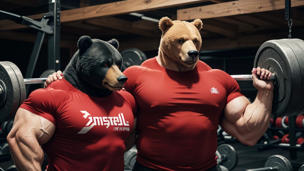 Monstrously massive musclegut anthro furry bear in a red shirt and a red shirt on is holding 1000-pound barbell with one hand, furry art