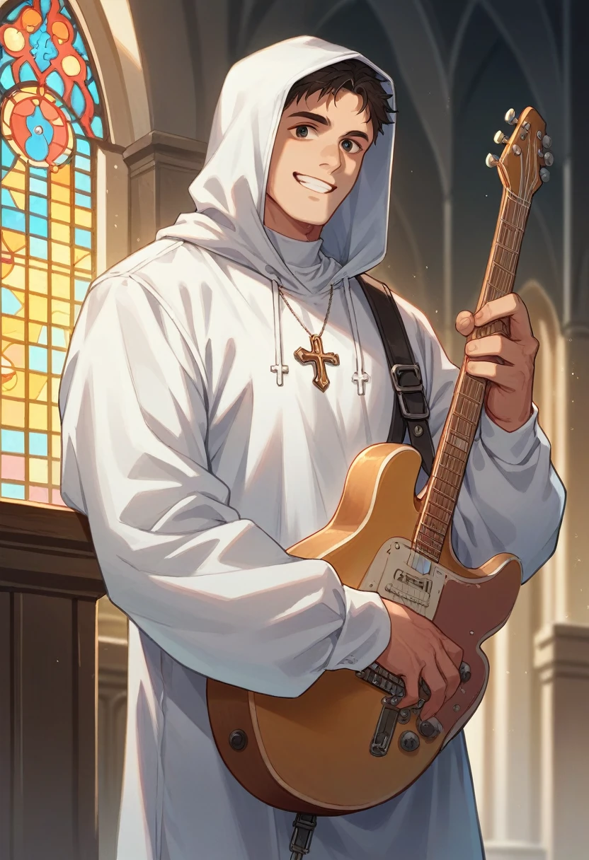 Jesus and his disciples sit and smiling in the large room church wearing white robes and with a young handsome Indonesian man playing electric guitar wearing big headphone and with white hoodie title "andra".realistic, full HD