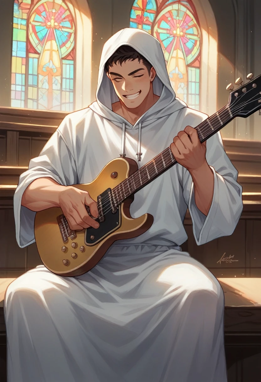 Jesus and his disciples sit and smiling in the large room church wearing white robes and with a young handsome Indonesian man playing electric guitar wearing big headphone and with white hoodie title "andra".realistic, full HD