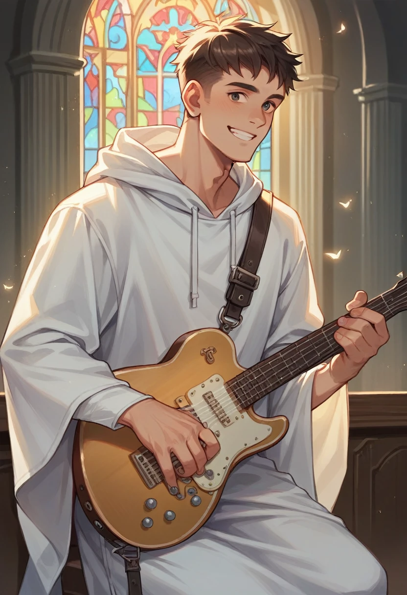 Jesus and his disciples sit and smiling in the large room church wearing white robes and with a young handsome Indonesian man playing electric guitar wearing big headphone and with white hoodie title "andra".realistic, full HD