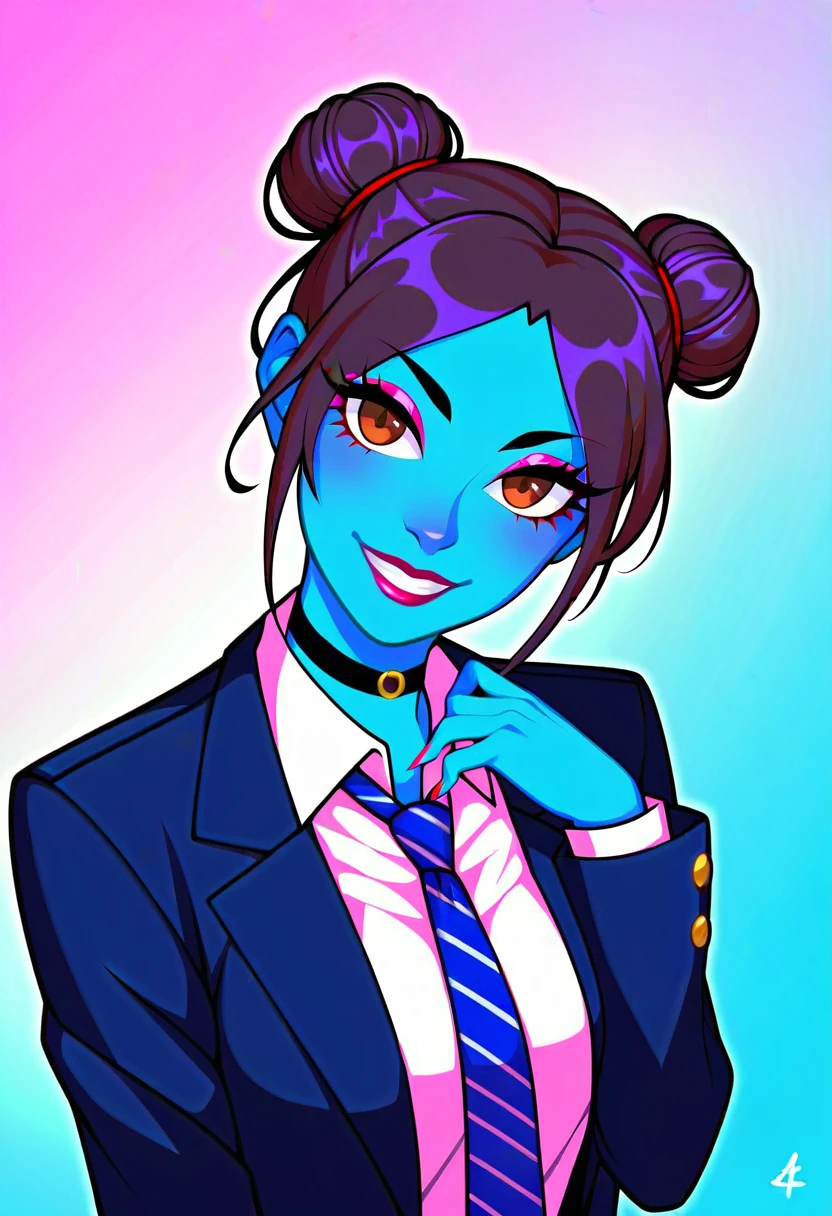 flat color, 1 girl, Alone, tie, boll, in, SMILE, Jacket, choker, trinza, Bun, looking at iniewer, shirt, fondo sincillo, Upper part of the body, blue background, nail polish, blue nails, collared shirt, Brown eyes, hits, blue tie, black choker, white shirt, blue fur, parts, SMILE, striped tie, long sleeines, opin Jacket, blue Jacket, twin trinzas, hand up, 