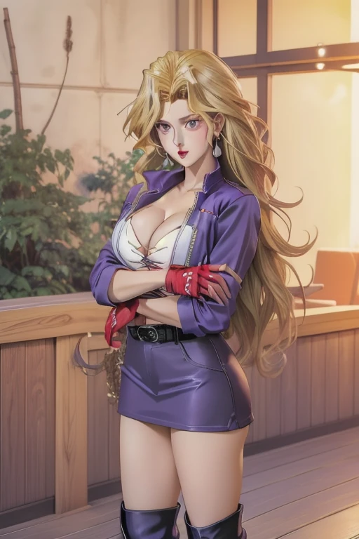 (masterpiece, best quality),  Complex details 1girl,   (((Full and soft breasts,)))(((Large Breasts))) (((Cleavage))), Long hair, Blonde hair, Jewelry, Purple Eyes, earrings, cosmetic, Lipstick, red fingerless gloves, Purple Jacket, White corset, Purple skirt, Black Belt, Black boots,