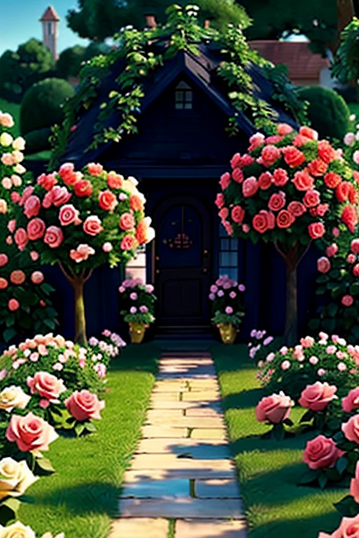 
create a cartoon, the garden with many rose bushes, red, white and yellow roses, rose bushes of different sizes, roses open and in buds, a beautiful rose garden, in the background of the scene a small house, simple house, rose bushes highlighted in the image, scene Disney children's film