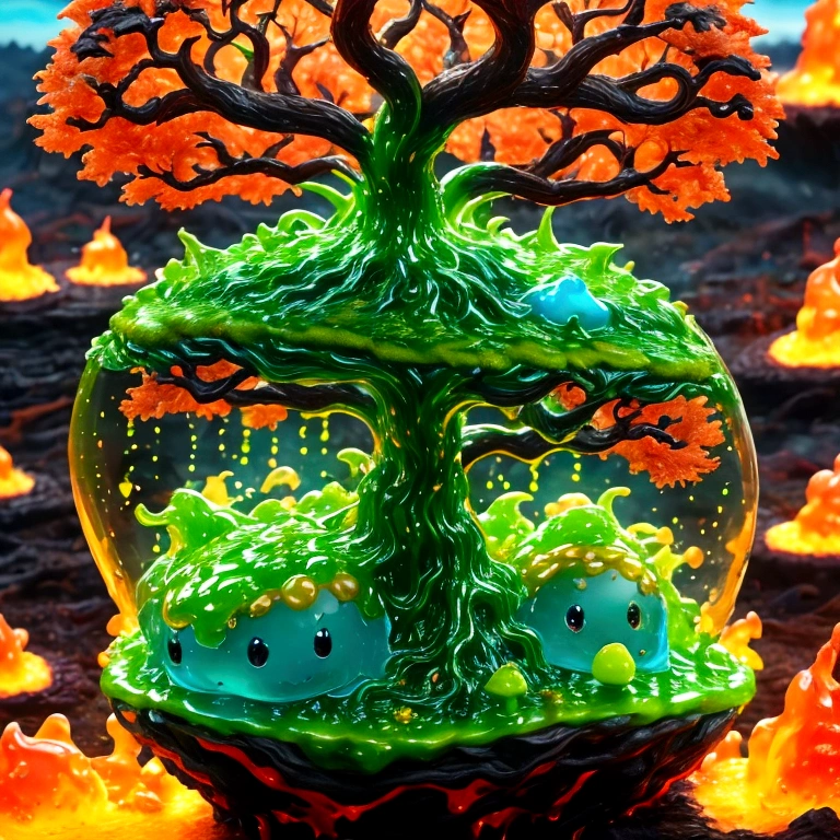 best quality, very good, 1.60,000, ridiculous, Extremely detailed, Cute round slime tree，Has horns made of translucent boiling lava, Background grassland ((A masterpiece full of fantasy elements))), ((Best quality)), ((Intricate details)) (8K), ((best quality)), ((Intricate details)) (8K)