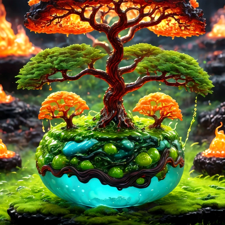 best quality, very good, 1.60,000, ridiculous, Extremely detailed, Cute round slime tree，Has horns made of translucent boiling lava, Background grassland ((A masterpiece full of fantasy elements))), ((Best quality)), ((Intricate details)) (8K), ((best quality)), ((Intricate details)) (8K)