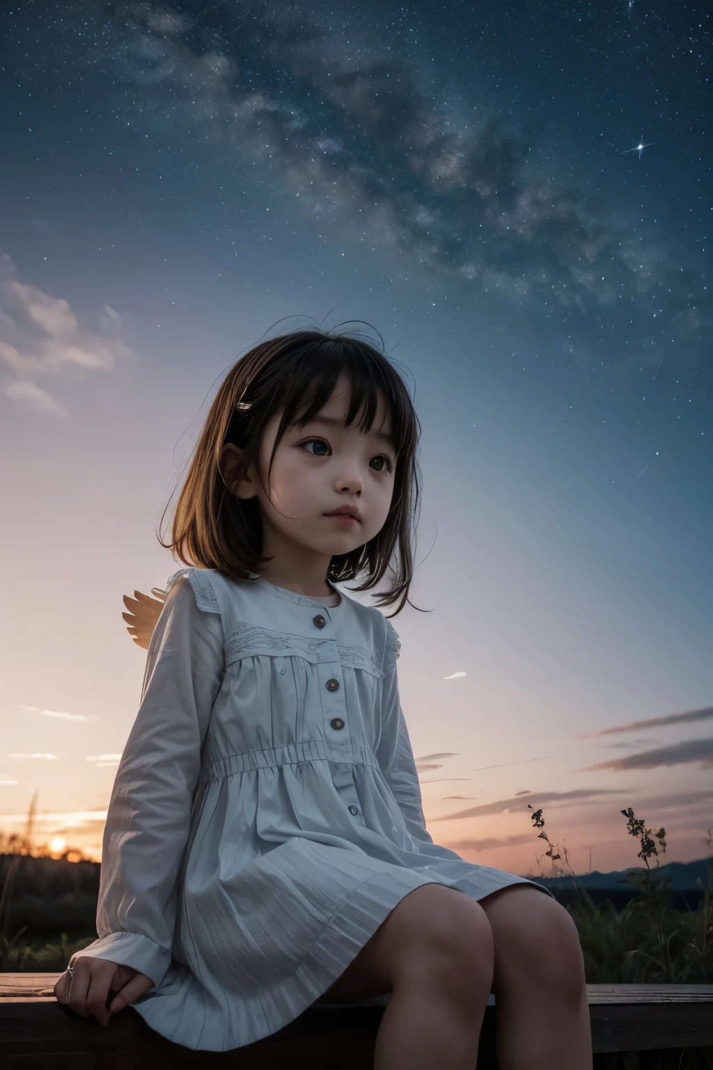 A 5-year-old girl sitting in the distance looking at the shining sky in which there is an angel