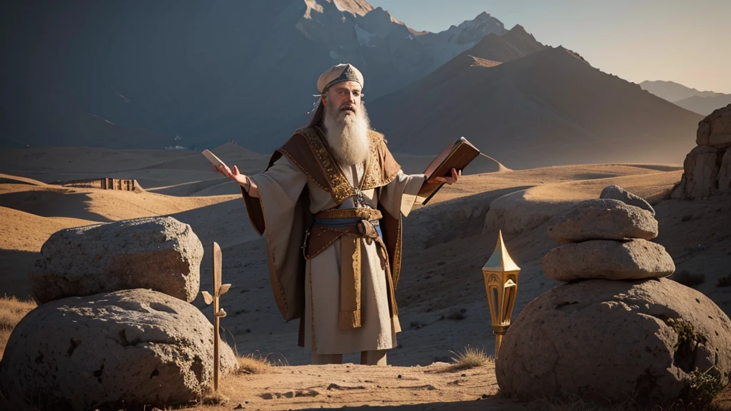 Create a cover image for a YouTube video about the Book of Deuteronomy, part of the Jewish Torah. The image must convey the essence of the content and its importance. Considere os seguintes elementos:
Moses speaking: Show Moses in a leadership position, speaking to a group of Israelites. He could be on a hill or mountain, with a desert scene in the background.
Tablets of the Law: Feature the Tablets of the Ten Commandments, perhaps being held by Moses or positioned centrally in the image.
people of israel: Illustrate a group of Israelites listening intently to Moses, with expressions of attention and reverence.
Visual Context: Use a desert setting with mountains in the background to represent the landscape of the Promised Land. Add symbolic elements like scrolls or the Ark of the Covenant.
artistic style: Opt for an artistic style that combines realism with touches of traditional biblical art. Use warm, natural colors, like shades of brown, gold and light blue.
texto: Include the title “Book of Deuteronomy” in clear, legible letters, positioned at the top or bottom of the image. Use a classic font that conveys seriousness and reverence.
Jewish symbols: Discreetly Add Jewish Symbols, like the Star of David or the Menorah, to reinforce the religious context.