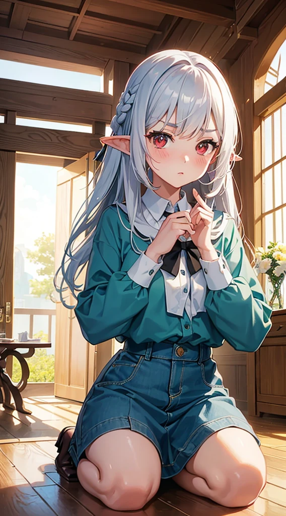 ((​masterpiece:1.2、top-quality)), ((Put your hands to your face)), ((Shy face)), ((Troubled eyebrows)), ((red blush)), 1 Whole body of a girl, elvish, ((silber hair)), Red Eyes, bob cuts, Braided hair, denim skirt, camisole, gender change, Kneeling, speculum, inside in room, concept-art, beautiful anime scene, Beautiful anime scenery, top-quality, ​masterpiece