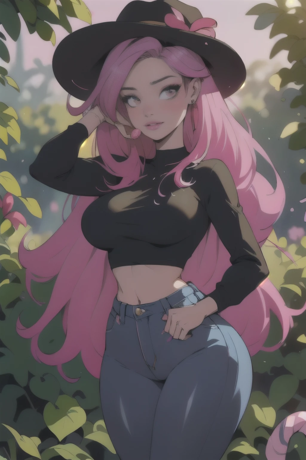 photo of mlp Meowko, RAW, beautiful woman, ((portrait)), ((detailed face:1.2)), ((detailed facial feature, detailed skin, glossy lips, shiny luscious lips, clear skin), (long pink hair, Candy fuchsia hair, bright pink hair: 1.55),  (perfect proportioned body, narrow waist, narrow hips, skinny body, huge breasts), (wearing a tight blue jeans, crop top, hat), (cozy garden filled with greens ), (realistic photo, best quality, detailed), (8k wallpaper), (cinematic lighting, beautiful light, (day:1.3)) (sharp focus, intricate)