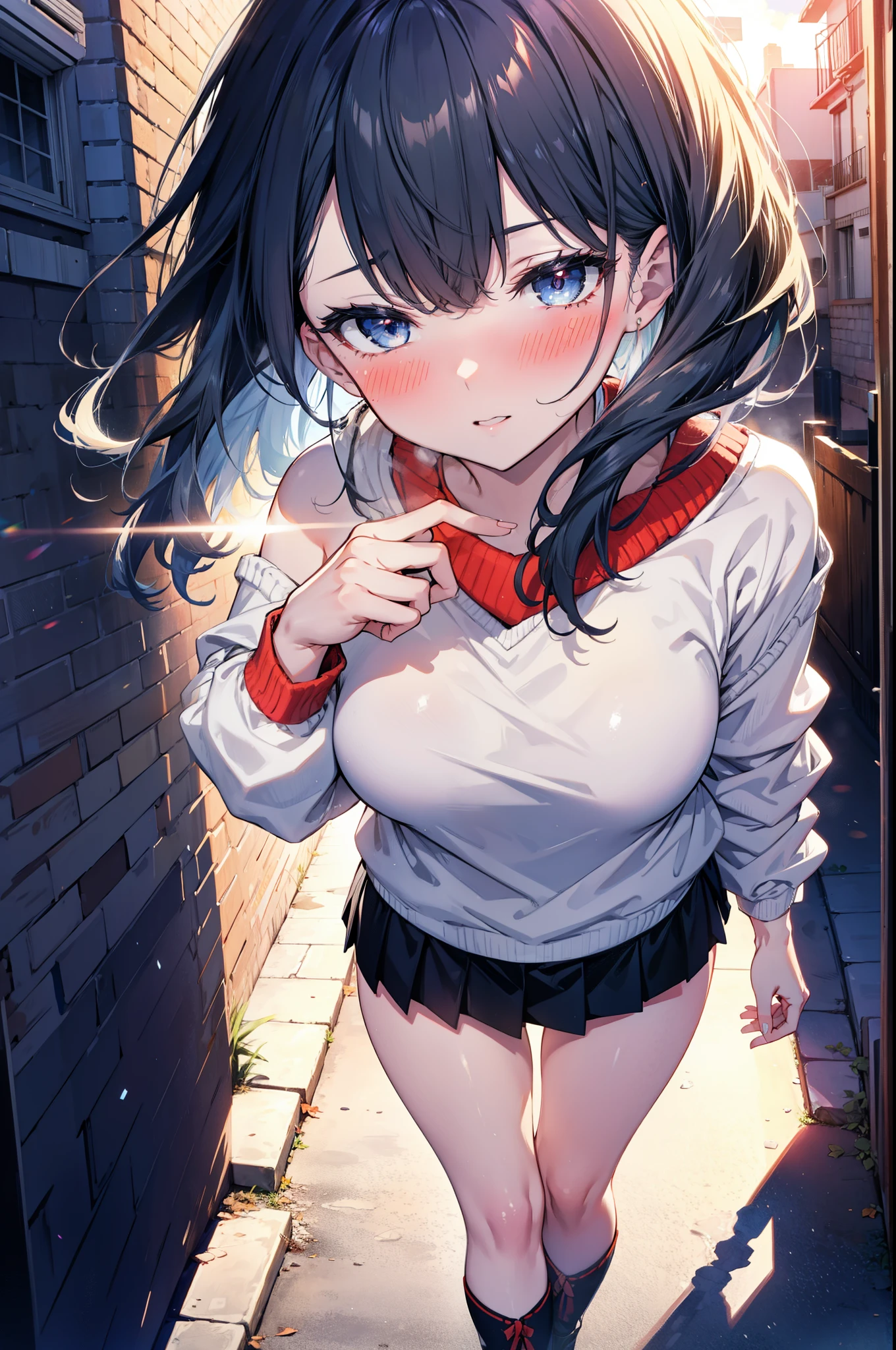Rikka body, Affluent backstreets, Black Hair, blue eyes, Long Hair, rist scrunchie,happy smile, smile, Open your mouth,blush,Oversized red one-shoulder sweater,mini skirt,short boots,Walking,So that the whole body goes into the illustration,morning,morning陽,The sun is rising,
Destroy outdoors, Building district,
壊す looking at viewer, Systemic
break (masterpiece:1.2), Highest quality, High resolution, unity 8k wallpaper, (figure:0.8), (Beautiful attention to detail:1.6), Highly detailed face, Perfect lighting, Highly detailed CG, (Perfect hands, Perfect Anatomy),