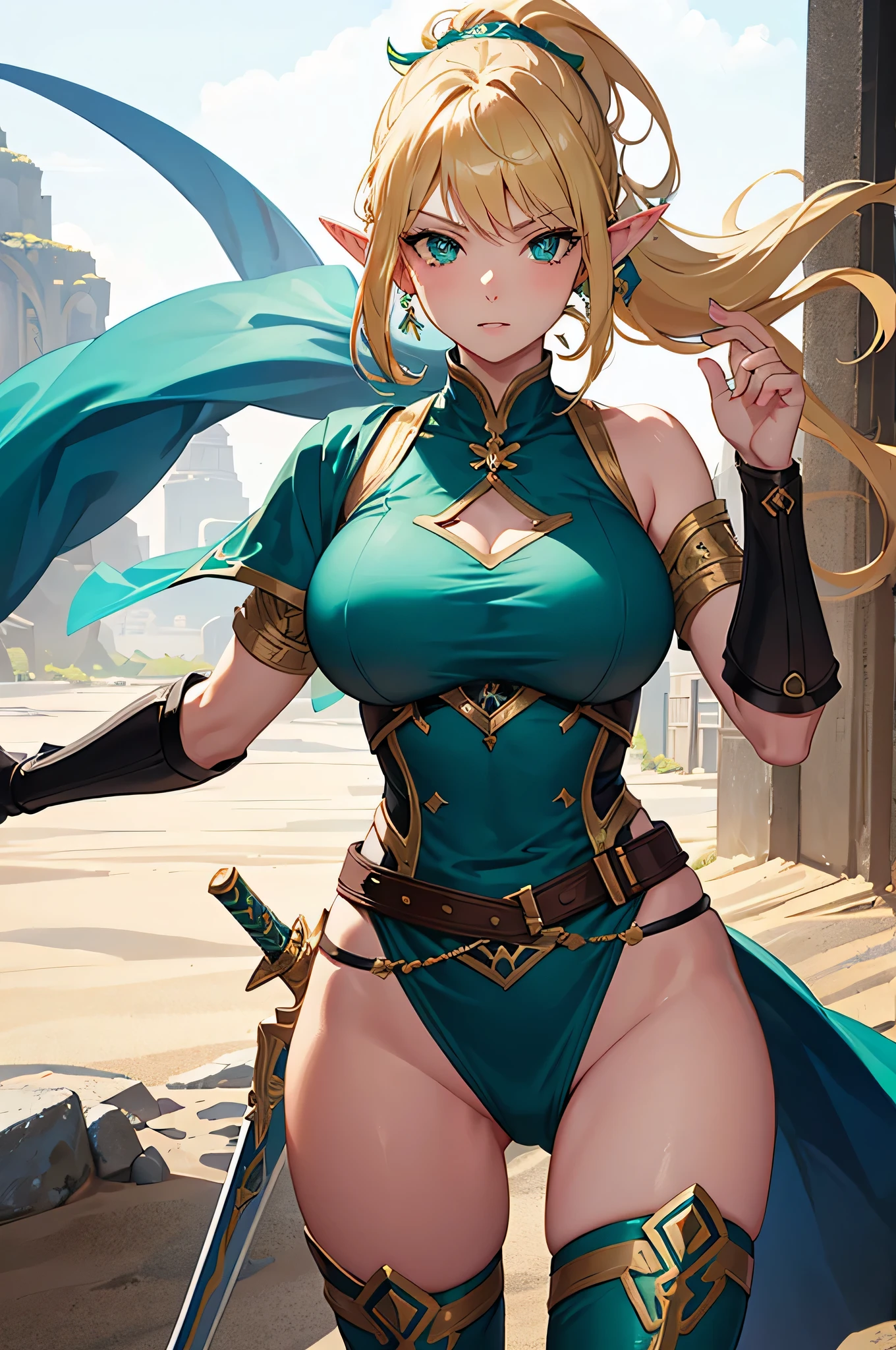 4K,High resolution,One Woman,Elf,Blonde,Long Ponytail,Green Eyes,Big Breasts,Warrior,Blue bikini armor,hair band,Jewelry decoration,Long sword,Plains