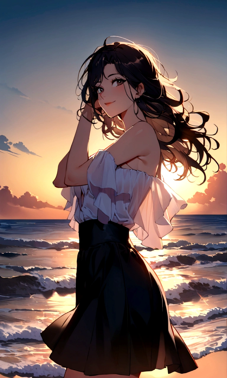A stunning brunette basking in the sun on the beach in Dubai is reminiscent of the iconic SOS Malibu aesthetic. Capture the essence of the beach smile, high waisted girl., disheveled black hair. The woman's black hair in loose waves, falling to her shoulders.