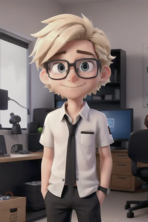 A gamer boy with messy blond hair in white and black clothes with glasses playing his video game