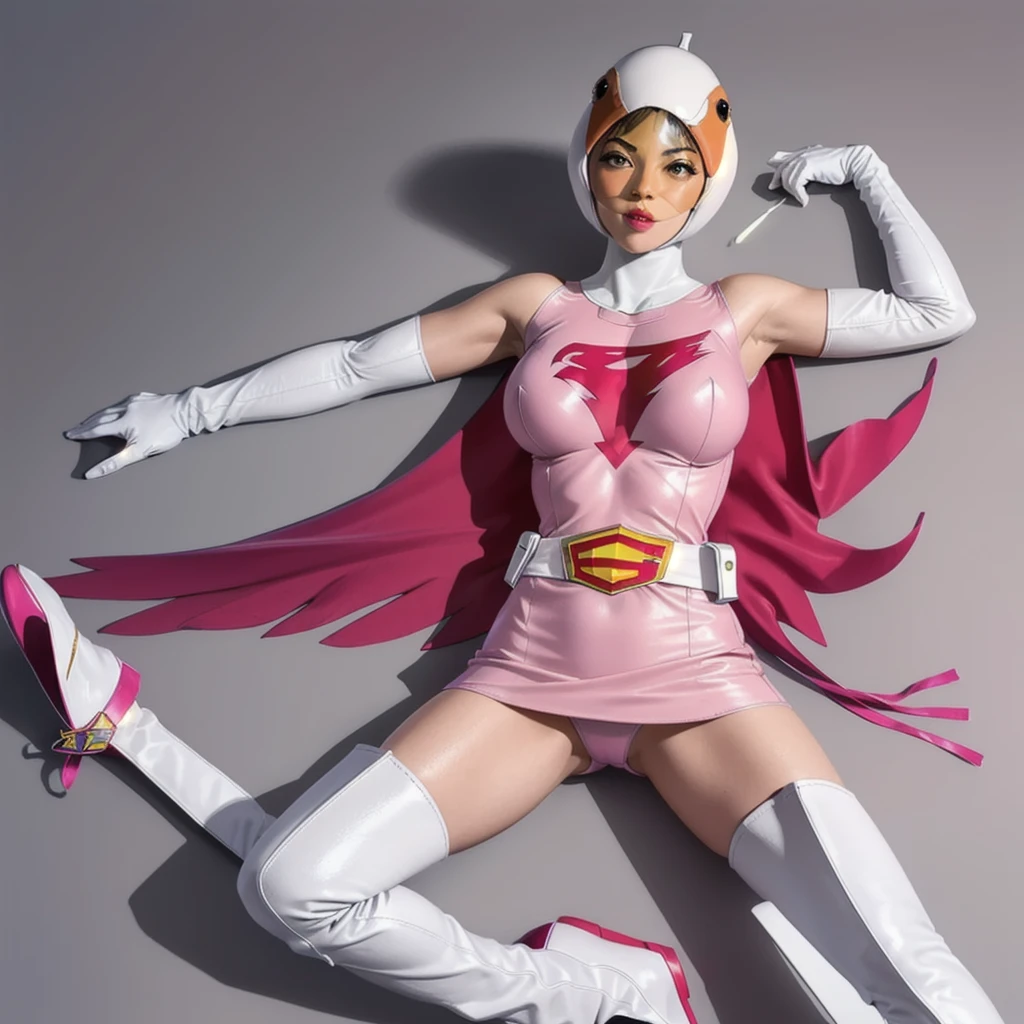 ANI_CLASSIC_jun_gatchaman_ownwaifu,1girl, , good anatomy, masterpiece, best quality, realistic, hyper realistic, 16k hdr,large breasts, lipstick, makeup, gloves, cape, helmet, belt, elbow gloves, white gloves, mask, ultra miniskirt, leotard, spacesuit, white tight overknee highheel boots, pink dress, superhero, bodysuit, cleavage, erected nipples,((lying flat pose, lie on bed, top view),(spread legs:1.1),cameltoe, simple gray background