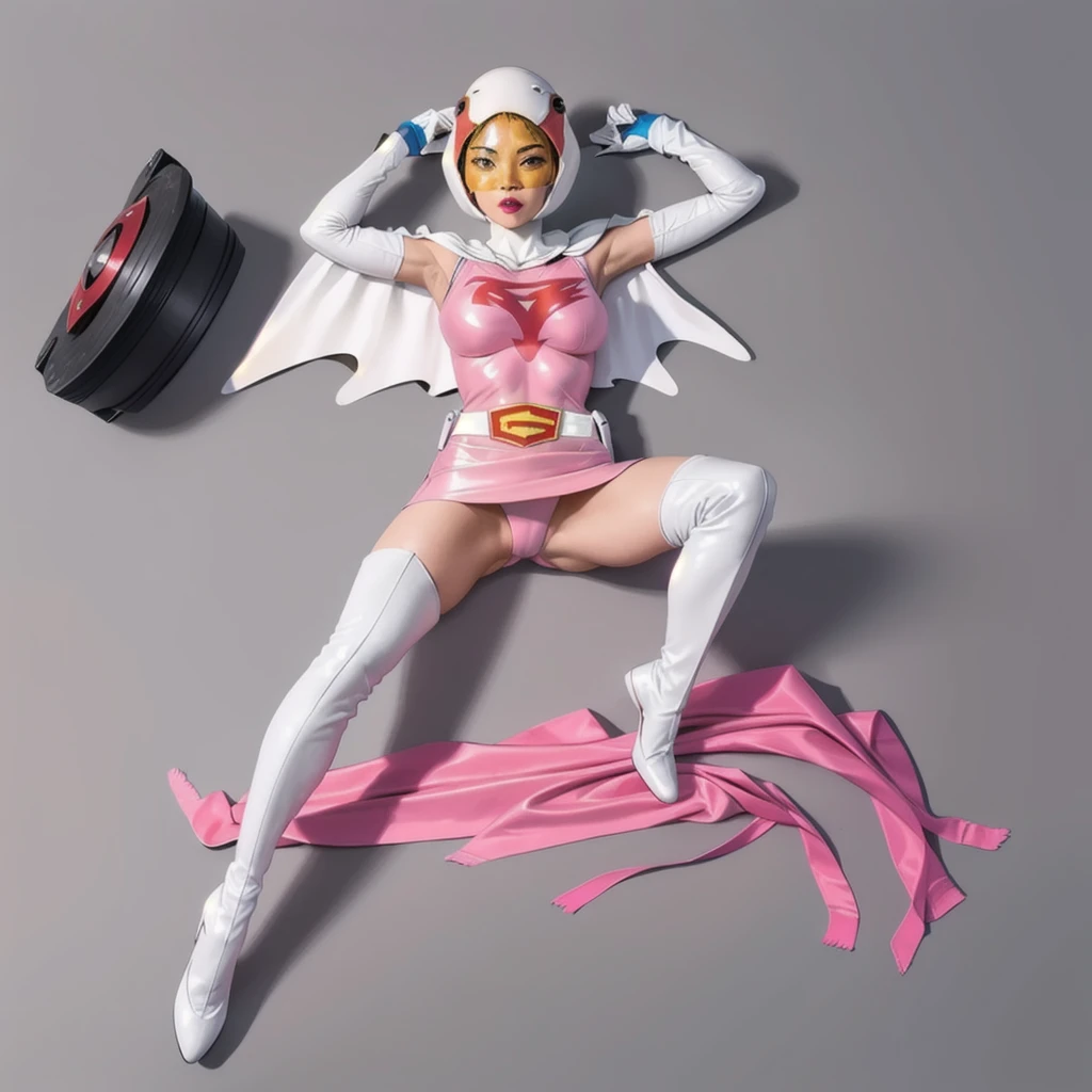 ANI_CLASSIC_jun_gatchaman_ownwaifu,1girl, , good anatomy, masterpiece, best quality, realistic, hyper realistic, 16k hdr,large breasts, lipstick, makeup, gloves, cape, helmet, belt, elbow gloves, white gloves, mask, ultra miniskirt, leotard, spacesuit, white tight overknee highheel boots, pink dress, superhero, bodysuit, cleavage, erected nipples,((lying flat pose, lie on bed, top view),(spread legs:1.1),cameltoe, simple gray background