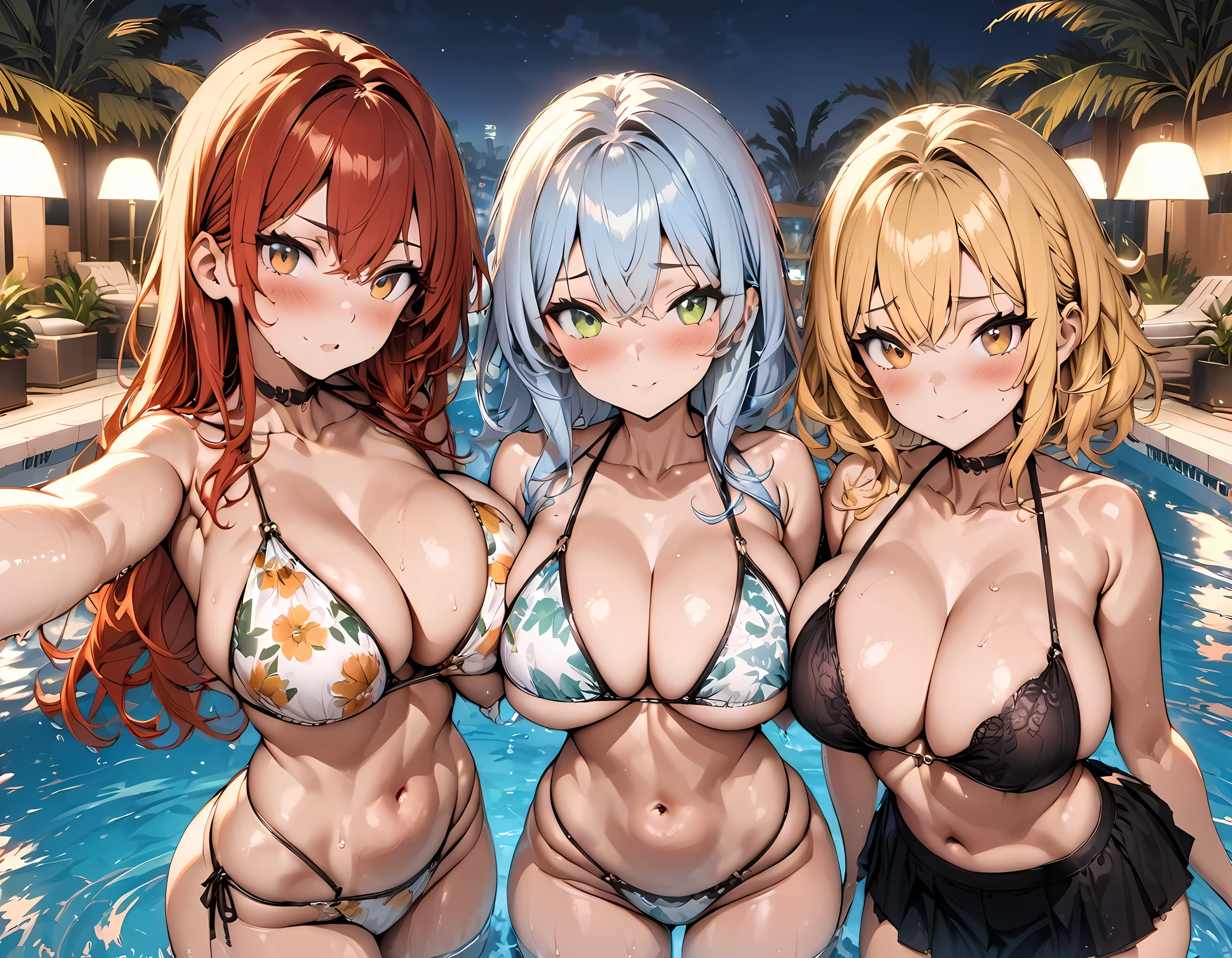 (masterpiece), (highest quality), (illustration), (super detailed), (high resolution), absurdity, 3girls,toragao,blush,[[patterned string bikini,floral swimsuit,highcut bikini]],blonde hair,red hair,light blue hair,long hair,short hair,green eyes,orange eyes,brown eyes,night,luxury pool,looking at viewer,bimbo,cowboy shot,taking a selfie,water,wet
