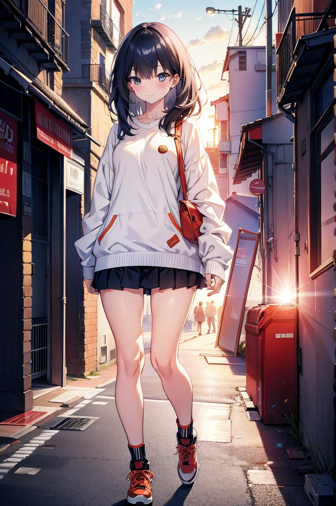 Rikka body, Affluent backstreets, Black Hair, blue eyes, Long Hair, rist scrunchie,happy smile, smile, Open your mouth,blush,Oversized red one-shoulder sweater,mini skirt,short boots,Walking,So that the whole body goes into the illustration,morning,morning陽,The sun is rising,
Destroy outdoors, Building district,
壊す looking at viewer, Systemic
break (masterpiece:1.2), Highest quality, High resolution, unity 8k wallpaper, (figure:0.8), (Beautiful attention to detail:1.6), Highly detailed face, Perfect lighting, Highly detailed CG, (Perfect hands, Perfect Anatomy),