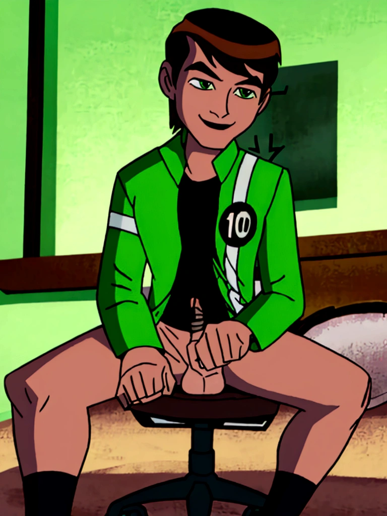 afben,brown hair,green eyes, bare legs, aroused, bedroom interior,. Black shirt, green jacket with white stripe, white socks, bottomless, full view, sitting in office chair, erect penis, looking down, smiling, sighing, relieved, eyes closed, , open mouth, , cum