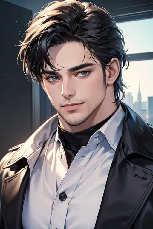 (best quality,4k,8k,highres,masterpiece:1.2),ultra-detailed,(realistic,photorealistic,photo-realistic:1.37),30 year old man,3 day beard,handsome anime,portraits,strong,masculine,dark hair,sharp jawline,mesmerizing eyes,perfectly styled hair,cool anime outfit,confident expression,vibrant colors,dynamic lighting, CEO and expression smile in love.
