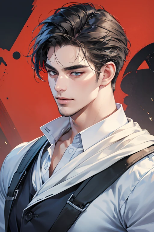 (best quality,4k,8k,highres,masterpiece:1.2),ultra-detailed,(realistic,photorealistic,photo-realistic:1.37),30 year old man,3 day beard,handsome anime,portraits,strong,masculine,dark hair,sharp jawline,mesmerizing eyes,perfectly styled hair,cool anime outfit,confident expression,vibrant colors,dynamic lighting, CEO and expression smile in love.