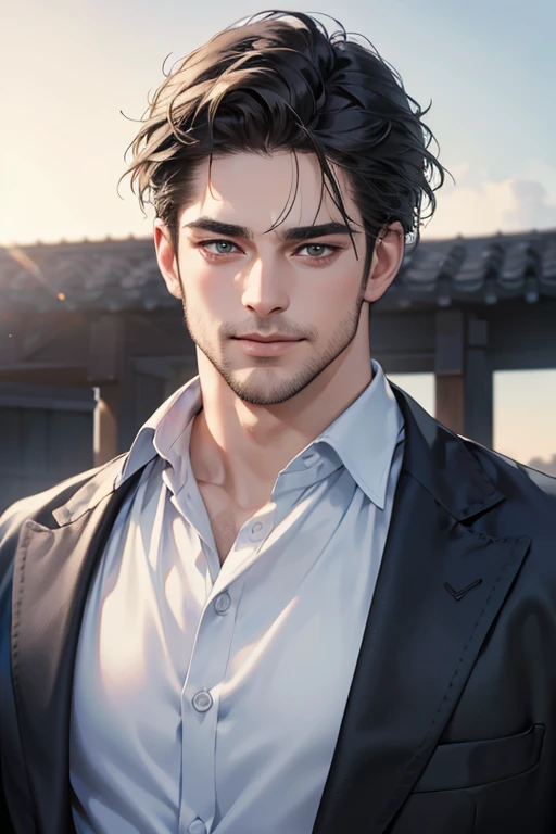 (best quality,4k,8k,highres,masterpiece:1.2),ultra-detailed,(realistic,photorealistic,photo-realistic:1.37),30 year old man,3 day beard,handsome anime,portraits,strong,masculine,dark hair,sharp jawline,mesmerizing eyes,perfectly styled hair,cool anime outfit,confident expression,vibrant colors,dynamic lighting, CEO and expression smile in love.

