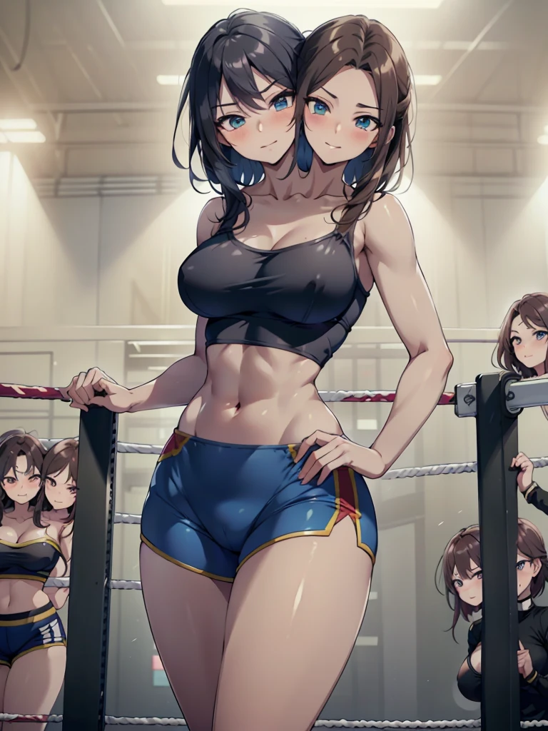 masterpiece),(ultra-detailed), (high quality), (high resolution), (best quality:1.5, highres, UHD), highres, absurdo, ultra detail, ultra quality, Ultra resolution, 16k, ((2heads:1.5)), 1girl, ((anime girl with two heads)), ((dark brown hair)) ((black hair)), ((female wrestler)), ((blue crop top)), exposed midriff, ((blue hot pants)), wrestling ring, wrestling, ((blue outfit)), sexy wrestler, (blue eyes), villainess, smirk