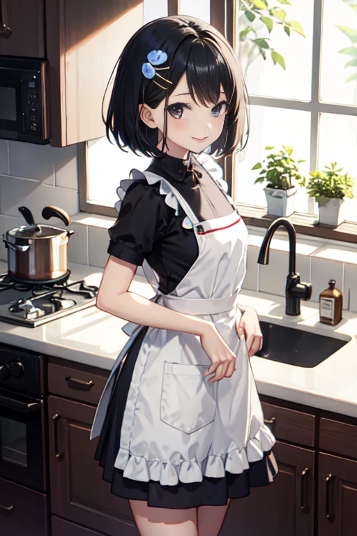 Black Hair、Iris、Short Hair、Girl、cute、16 years old、The outfit is cute、Apron included、smile、、Small breasts、Small hair ornament、The background is the kitchen、Baking、
