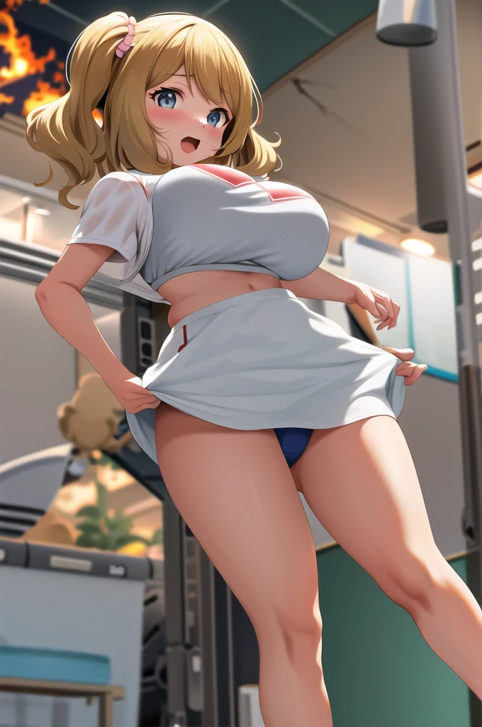 Serena groping in white gym clothes, breasts big, showing big breasts, breasts bursting through clothes, breasts exploding clothes