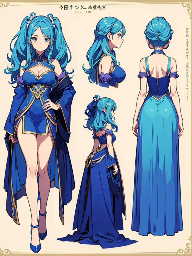 cute, standing lady, three view drawing, front and back and side,full body,simple background,dancer,long hair,blue print,big tits
