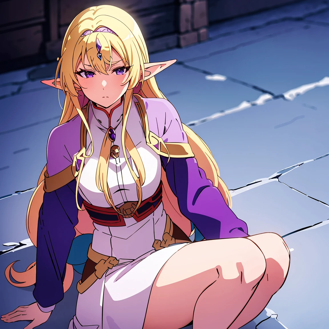 Anime woman, Elf, pointy ears, long blonde hair, purple eyes, sassy expression, gold crown with blue pendant, winter outfit, blue coat, snow, ice