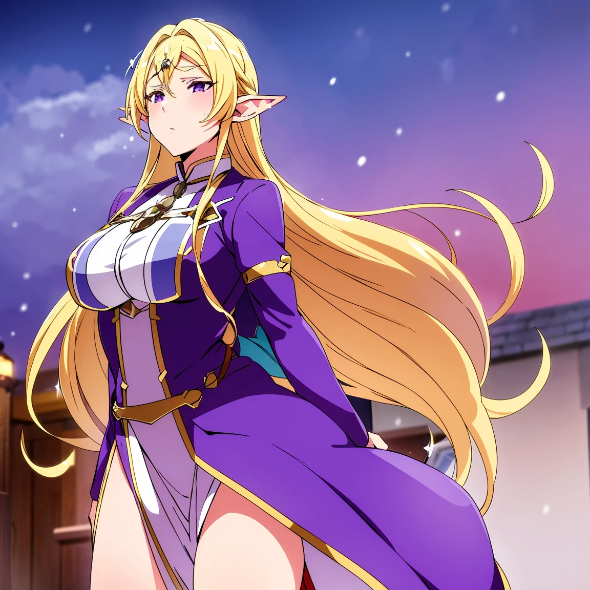 Anime woman, Elf, pointy ears, long blonde hair, purple eyes, sassy expression, gold crown with blue pendant, winter outfit, blue coat, snow, ice