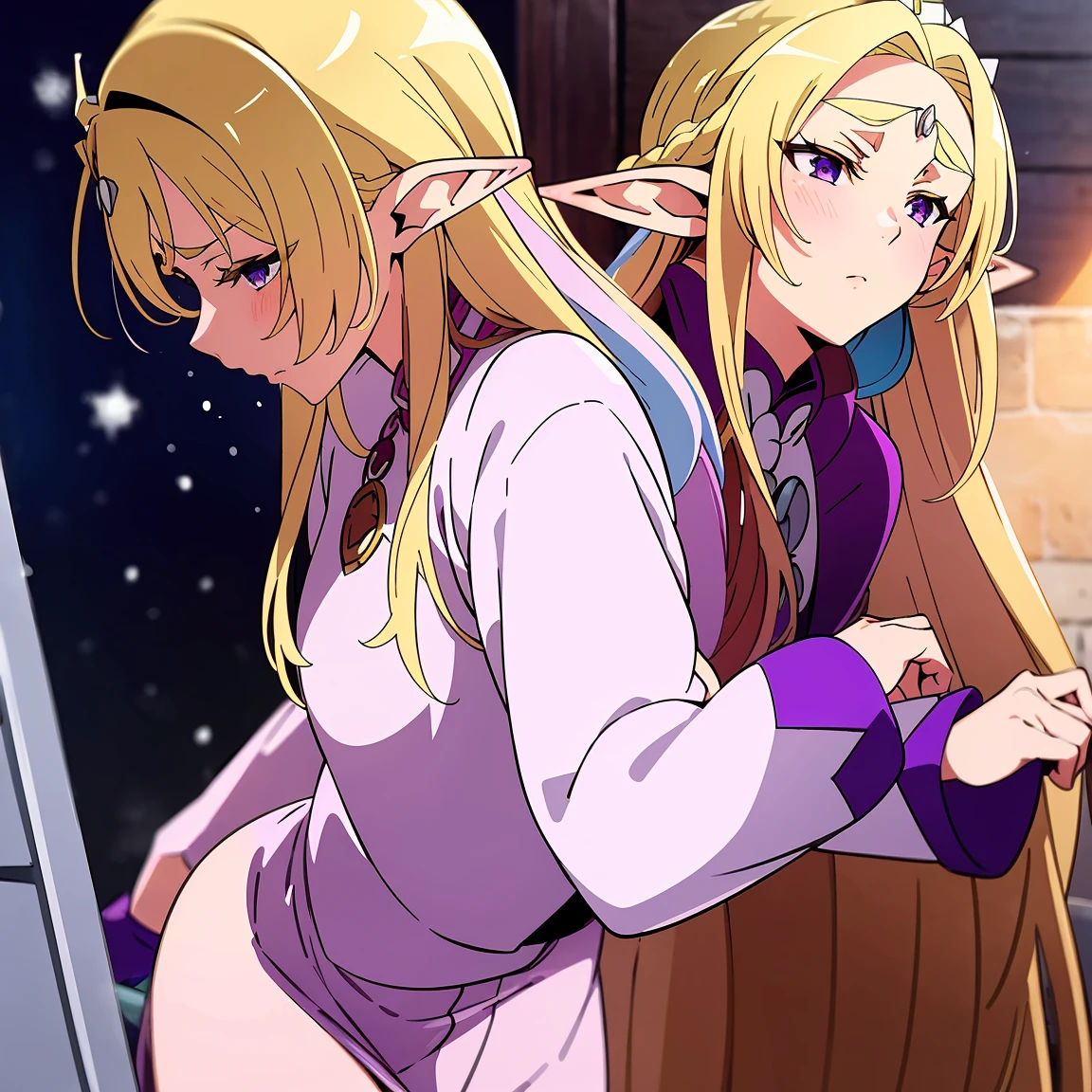 Anime woman, Elf, pointy ears, long blonde hair, purple eyes, sassy expression, gold crown with blue pendant, winter outfit, blue coat, snow, ice