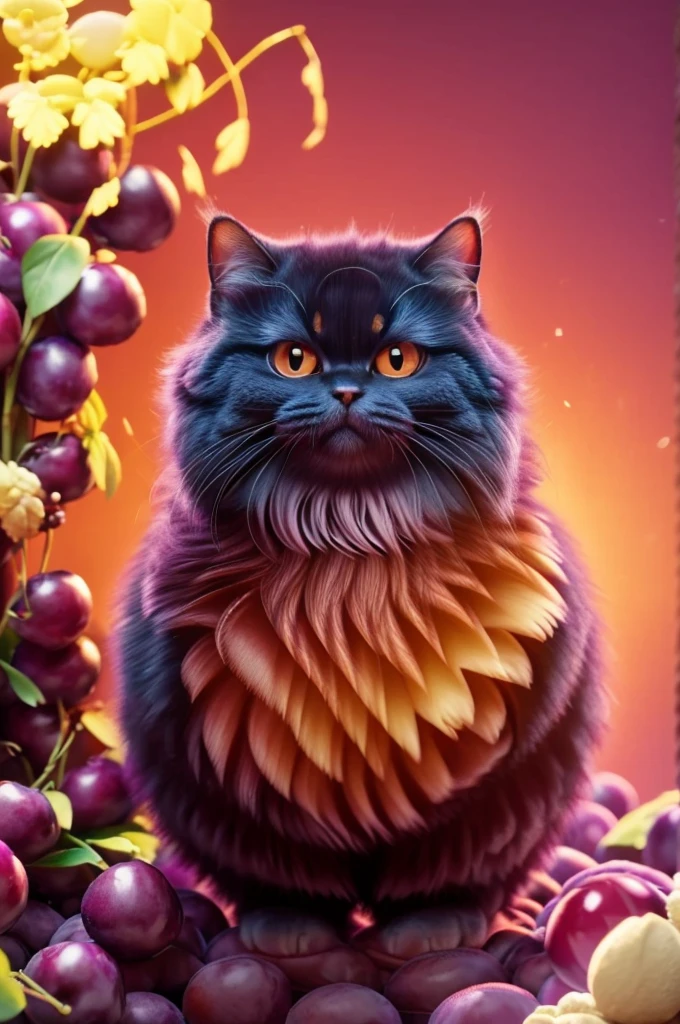 (Masterpiece, Best Quality, Illustration, Fine Detail), ((Very Detailed CG Unity 8k Wallpaper, High Resolution)), High Saturation, Low Brightness, ConceptArt, cat made of plums, a plum cat, cute